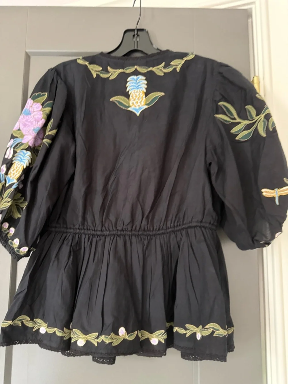 Black Embroidered Floral Peasant Top - Black with Pink & Green Accents